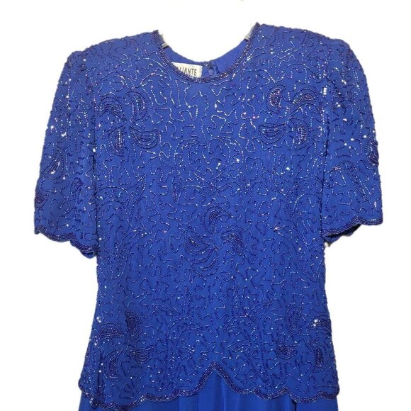 Vintage Brilliante By JA Women’s Blue Dress Sz P/S Beaded Scalloped Hem Lined - Picture 2 of 10